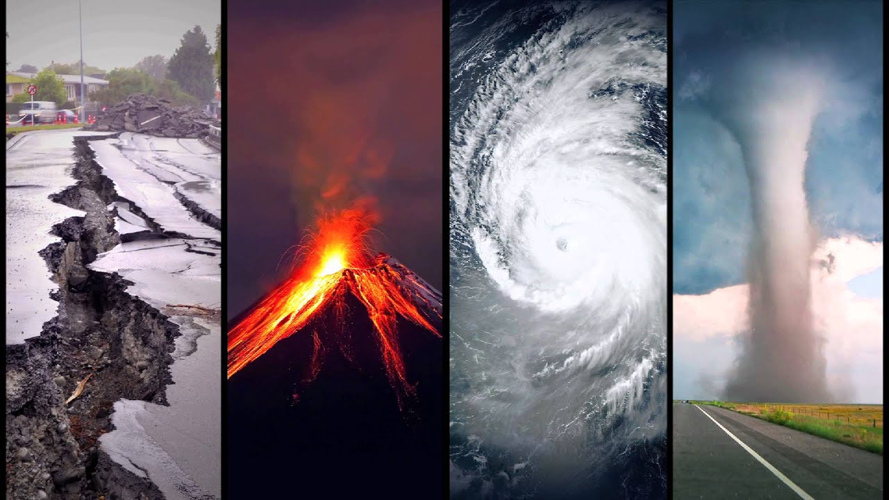 A collage of natural disaster images including earthquakes, volcanoes, hurricanes, and tornados