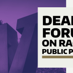 Purple UW W with text Dean's Forum on Race& Public Policy