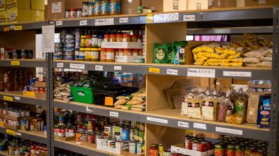 Shelves of food in food bank