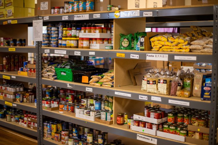 Shelves of food in food bank
