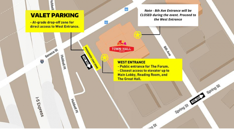 Map of area around Town Hall with locations marked for valet parking
