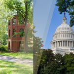 Photo of students walking outside of Parrington Hall next to a photo of U.S. Capitol building