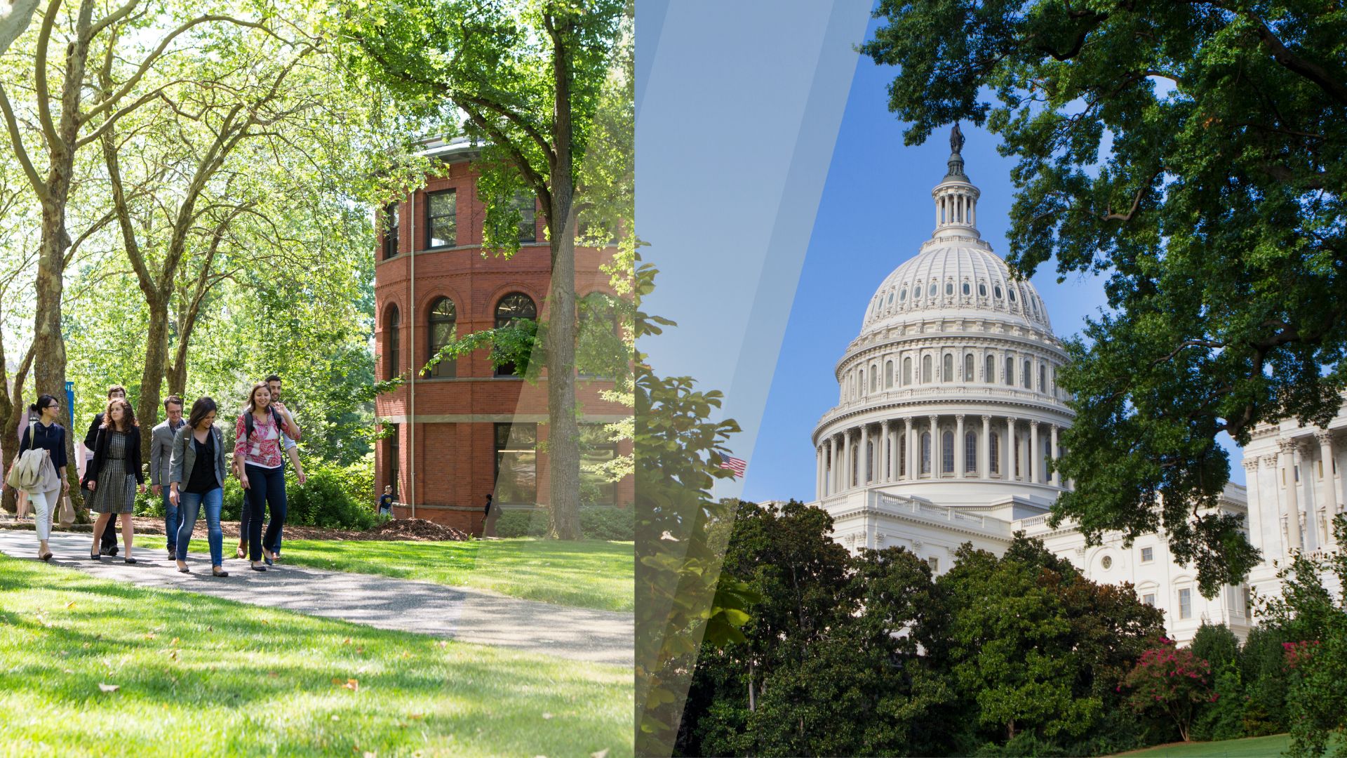 Photo of students walking outside of Parrington Hall next to a photo of U.S. Capitol building