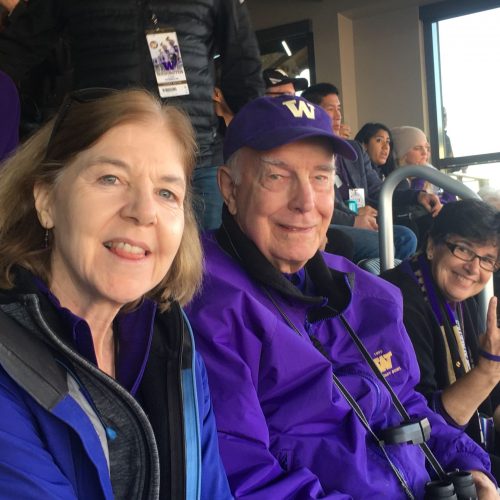 Alison Cullen, Dan Evans, and Ana Mari Cauce at Football Game Alison Cullen, Dan Evans, and Ana Mari Cauce dressed in Husky gear at Football Game