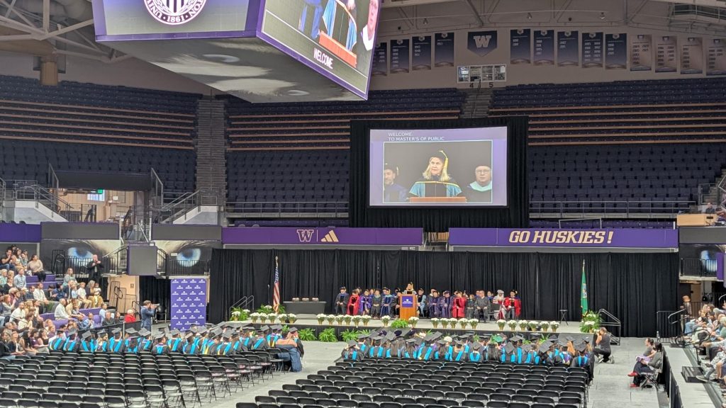 Dean Jodi Sandfort speaks to the Class of 2026 in the Hec Ed Pavilion
