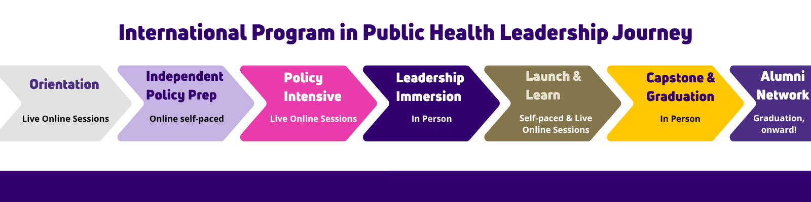 IPPHL Program Journey Visual of the IPPHL Program Journey. Start with Orientation, then on to the Independent Policy Prep, the Policy Intensive, Leadership Immersion, Launch & Learn, Capstone & Graduation, and finally be a part of the IPPHL Alumni community.