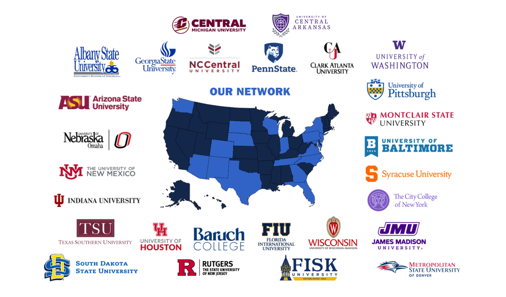 A map of the U.S. highlighting the 28 college and universities participating in the NextGen alliance.